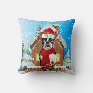 Boston Terrier dog with Christmas gifts Cushion