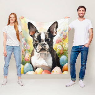 Boston Terrier Dog with Easter Eggs Holiday Fleece Blanket
