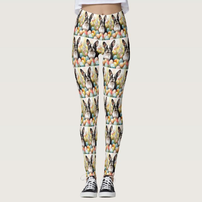 Boston Terrier Dog with Easter Eggs Holiday Leggings (Front)