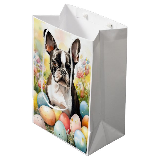 Boston Terrier Dog with Easter Eggs Holiday Medium Gift Bag (Front Angled)