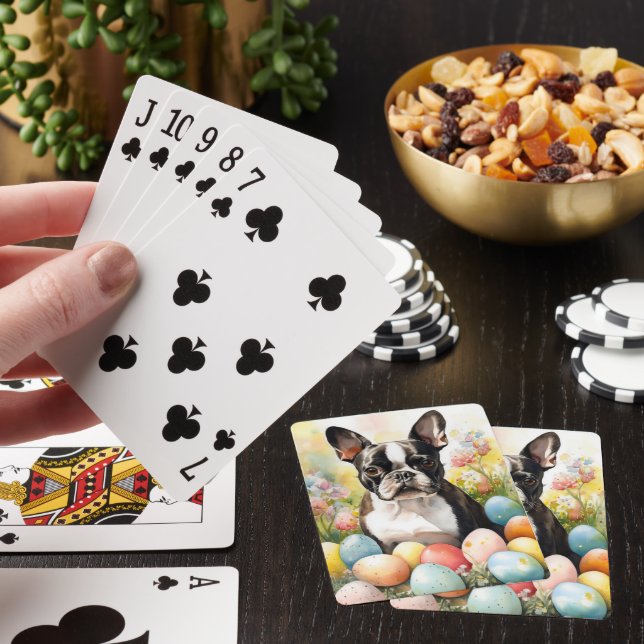 Boston Terrier Dog with Easter Eggs Holiday Playing Cards (In Situ)