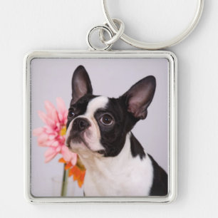 Boston Terrier Dog with Pink Flower Keychain