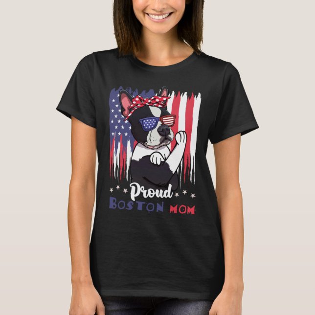 Boston Terrier Dog With Sunglasses American Flag T-Shirt (Front)
