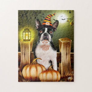 Boston Terrier Dog with Witch Hat Halloween  Jigsaw Puzzle
