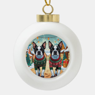 Boston Terrier Dogs Christmas Snow Holiday Ceramic Ball Christmas Ornament