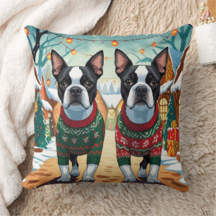 Boston Terrier Dogs Christmas Snow Holiday Cushion