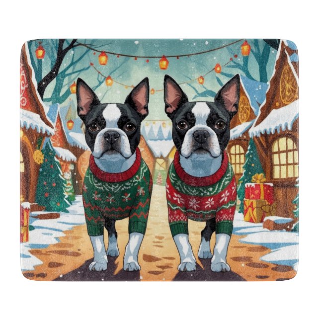 Boston Terrier Dogs Christmas Snow Holiday Cutting Board (Front)