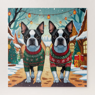 Boston Terrier Dogs Christmas Snow Holiday Jigsaw Puzzle