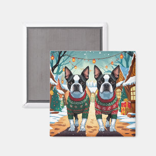 Boston Terrier Dogs Christmas Snow Holiday Magnet