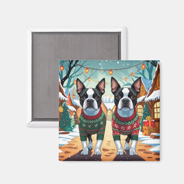 Boston Terrier Dogs Christmas Snow Holiday Magnet (Front/Back)