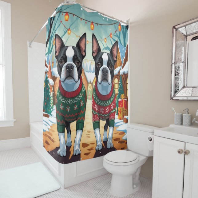 Boston Terrier Dogs Christmas Snow Holiday Shower Curtain (In Situ)