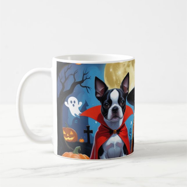 Boston Terrier Dogs Pumpkin Halloween Funny Coffee Mug (Left)