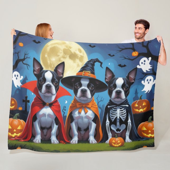 Boston Terrier Dogs Pumpkin Halloween Funny Fleece Blanket (In Situ)