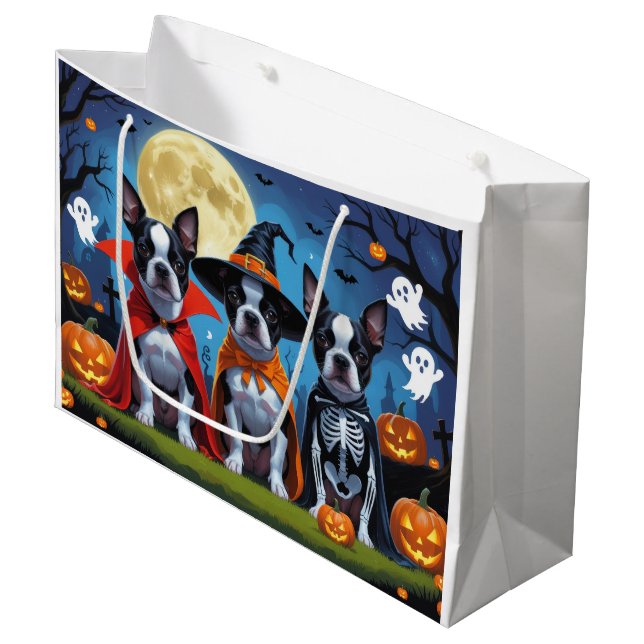 Boston Terrier Dogs Pumpkin Halloween Funny Large Gift Bag (Front Angled)