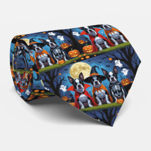 Boston Terrier Dogs Pumpkin Halloween Funny Tie