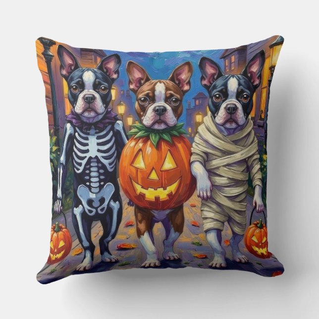 Boston Terrier Dogs Trick-or-Treating in Halloween Cushion (Back)