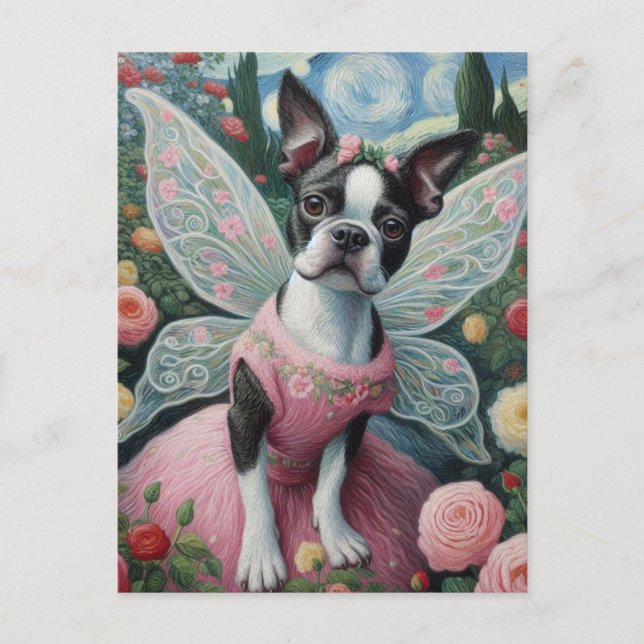 Boston Terrier Fairy in a Flower Garden Postcard (Front)