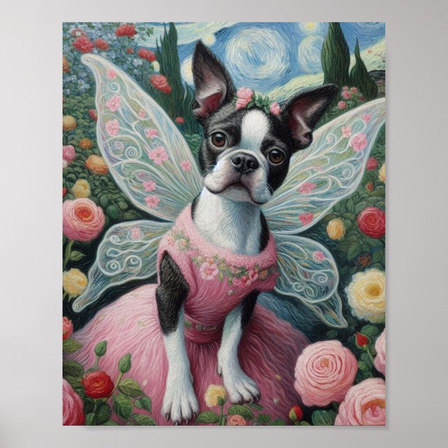 Boston Terrier Fairy in a Flower Garden Poster (Front)