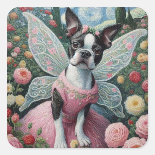 Boston Terrier Fairy in a Flower Garden Square Sticker (Front)