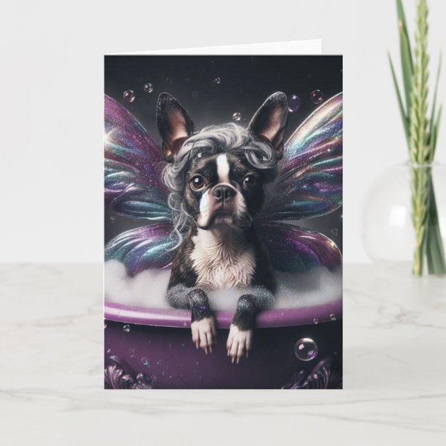 Boston Terrier Fairy in the Purple Bathtub Card (Front)