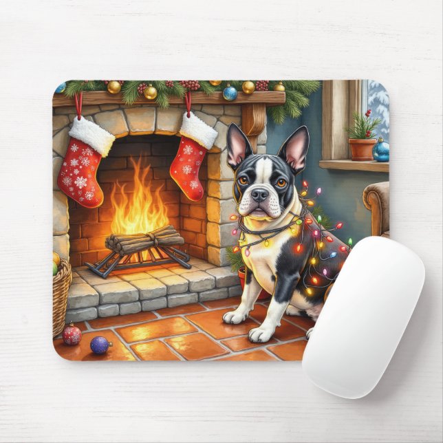 Boston Terrier Fireplace with Christmas Lights Mouse Pad (With Mouse)