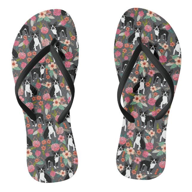 Boston Terrier Florals - dogs and flowers Thongs (Footbed)