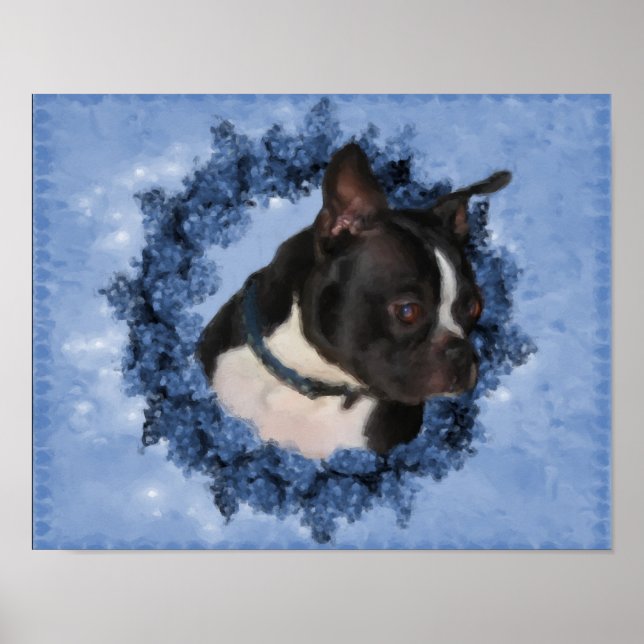 Boston Terrier Flowers Dog Art Photo Painting Poster (Front)