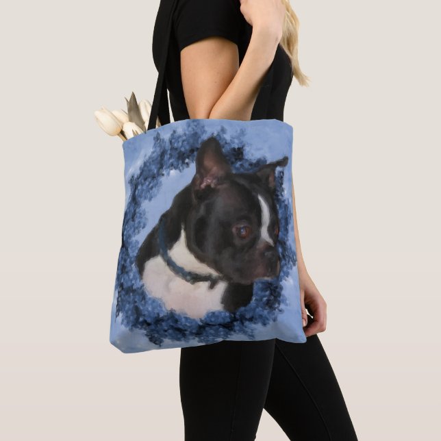 Boston Terrier Flowers Dog Art Photo Painting  Tote Bag (Close Up)