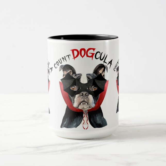 Boston Terrier Funny Count DOGcula Halloween Mug (Center)