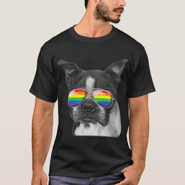 Boston Terrier Gay Pride Flag Sunglasses LGBT T-Shirt (Front)
