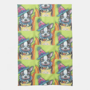 BOSTON TERRIER HALLOWEEN CLOWN, DOG KITCHEN TOWEL