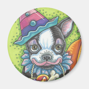 BOSTON TERRIER HALLOWEEN CLOWN, DOG MAGNET Round
