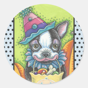 BOSTON TERRIER HALLOWEEN CLOWN STICKER SHEET Round