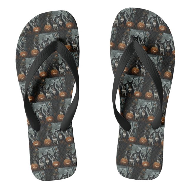 Boston Terrier Halloween Night Doggy Delight Thongs (Footbed)