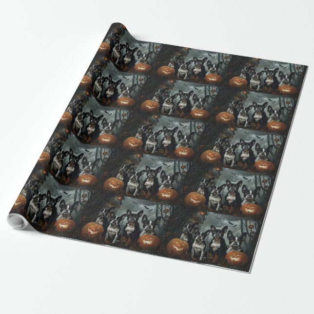 Boston Terrier Halloween Night Doggy Delight Wrapping Paper (Unrolled)