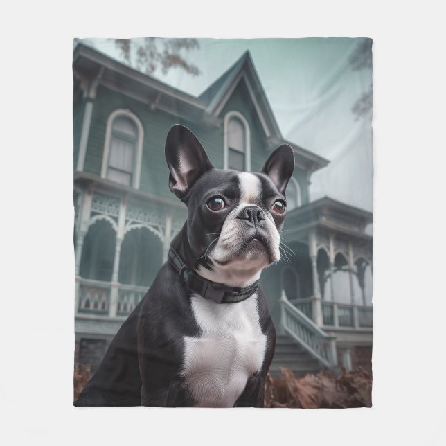 Boston Terrier Halloween Scary Fleece Blanket (Front)