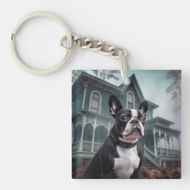 Boston Terrier Halloween Scary Key Ring (Front)