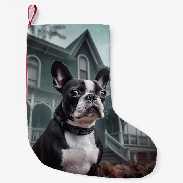 Boston Terrier Halloween Scary Small Christmas Stocking (Front)