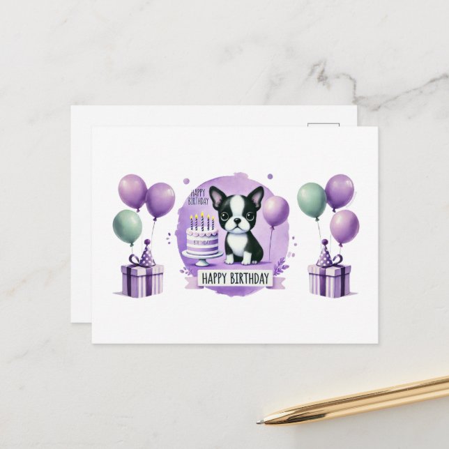 Boston Terrier Happy Birthday Postcard (Front/Back In Situ)