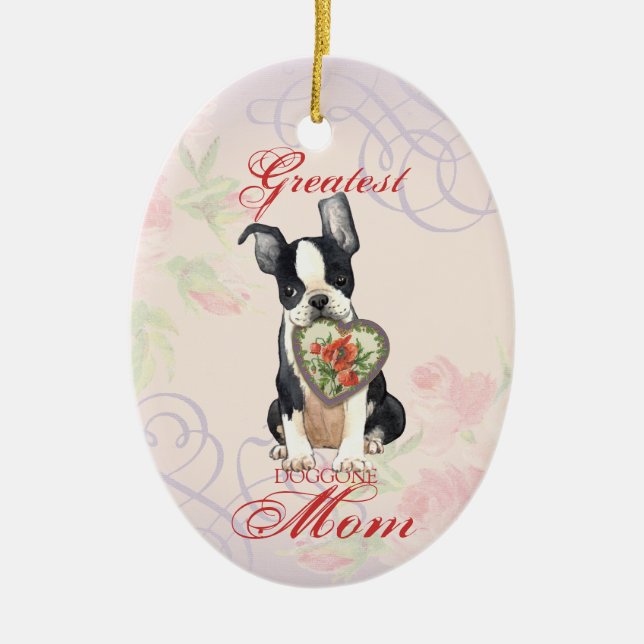 Boston Terrier Heart Mum Ceramic Ornament (Front)