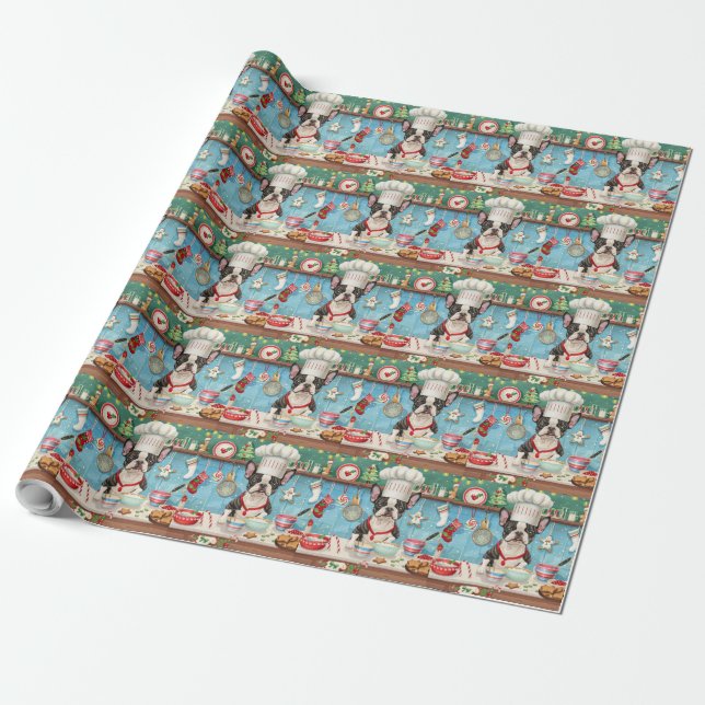 Boston Terrier Holiday Baking: Festive Christmas Wrapping Paper (Unrolled)