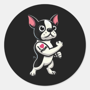 Boston Terrier I Love Mum Funny Dog Tattoo  Classic Round Sticker