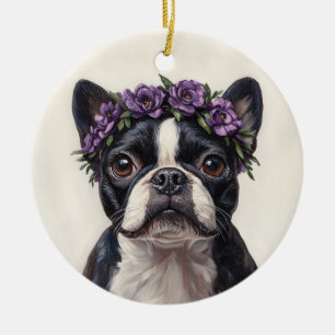 Boston Terrier in a Purple Flower Crown Ceramic Ornament