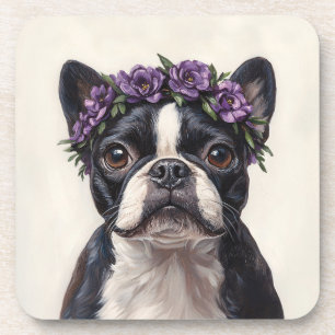 Boston Terrier in a Purple Flower Crown Coaster