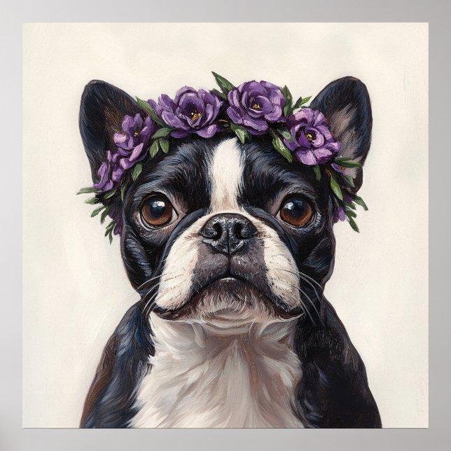 Boston Terrier in a Purple Flower Crown Poster (Front)