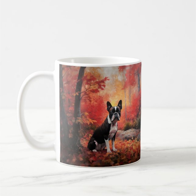 Boston Terrier in Autumn Leaves Fall Inspire  Coffee Mug (Left)