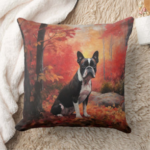 Boston Terrier in Autumn Leaves Fall Inspire  Cushion
