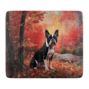 Boston Terrier in Autumn Leaves Fall Inspire Cutting Board
