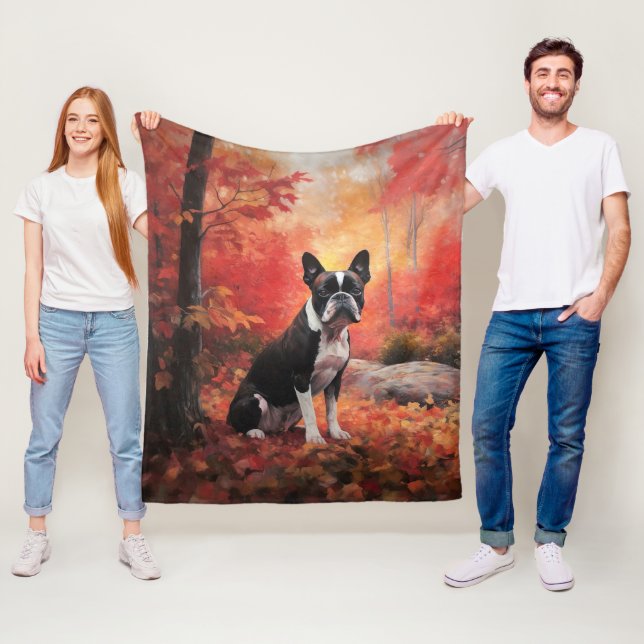 Boston Terrier in Autumn Leaves Fall Inspire  Fleece Blanket (In Situ)