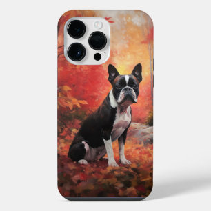 Boston Terrier in Autumn Leaves Fall Inspire iPhone 14 Pro Max Case